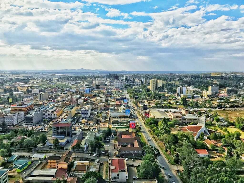 Eldoret city skyline facing west from an elevated vantage point at Daima Towers
