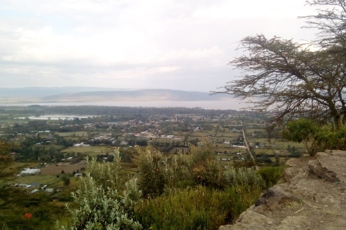 Elevated view of Lake Nakuru and the surrounding landscape seen from Mlima Ugali